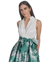 Jessica Howard Petite Mixed-Media V-Neck Pleated Gown