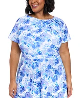 London Times Plus Floral-Print Bow Fit & Flare Dress