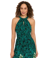 London Times Petite Placement-Print Halter Maxi Dress