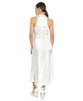 London Times Petite Satin Side-Ruched Cowlneck Midi Dress