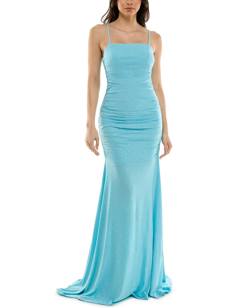 Juniors' Side-Ruched Lace-Up-Back Glitter Gown, Created for Macy's