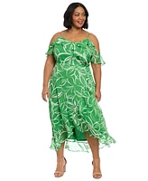 London Times Plus Printed Cold-Shoulder Ruffle Dress