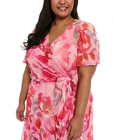 London Times Plus Floral Flutter-Sleeve Ruffle Dress