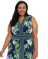 London Times Plus Border-Print V-Neck Maxi Dress