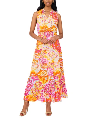 Msk Petite Printed Tiered Split-Neck Maxi Dress
