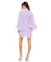 Mac Duggal Women's High Neck Cape Sleeve Mini Dress with Feather Trim