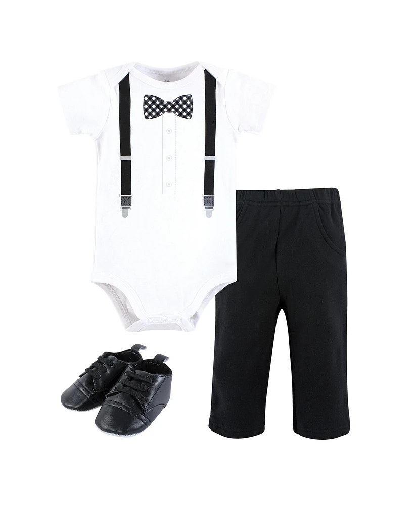 Hudson Baby Boys Cotton Bodysuit, Pant and Shoe Set, Black Gingham Bow Tie, 9-12 Months