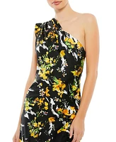 Mac Duggal Women's Floral Print Draped One Shoulder Midi Dress