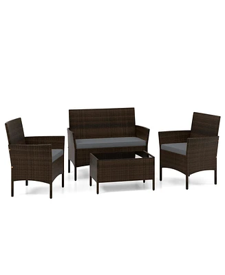 Gymax 4 Pcs Outdoor Wicker Furniture Set Patio Rattan Conversation Set w/ Chair & Loveseat