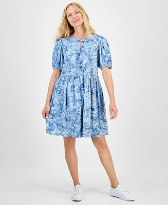 Nautica Jeans Women's Palm-Print Bow-Trim Dress