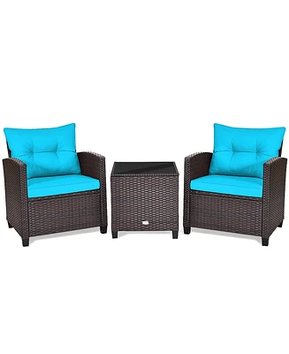 Gymax 3PCS Outdoor Patio Rattan Conversation Set w/ Cushion Coffee Table