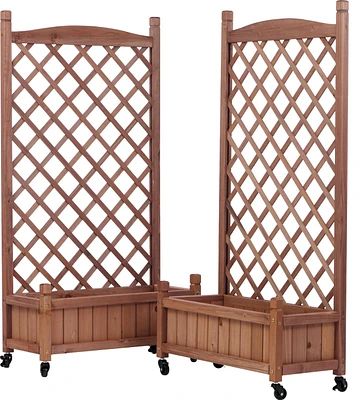 Outdoor Patio Wood Raised Garden Bed Planter Box with Trellis, Wheels, Brown, Set of 2