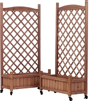 Outdoor Patio Wood Raised Garden Bed Planter Box with Trellis, Wheels, Brown, Set of 2