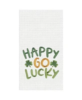 St. Patrick's Day "Happy Go Lucky" Shamrocks Waffle Weave Cotton Kitchen Dishtowel