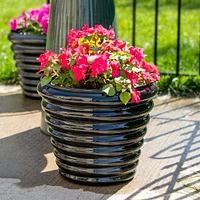 Molly 12.5" Metal Outdoor Plant Pot Set with Drainage Holes and Rubber Plugs- Juniper Glaze - of 2