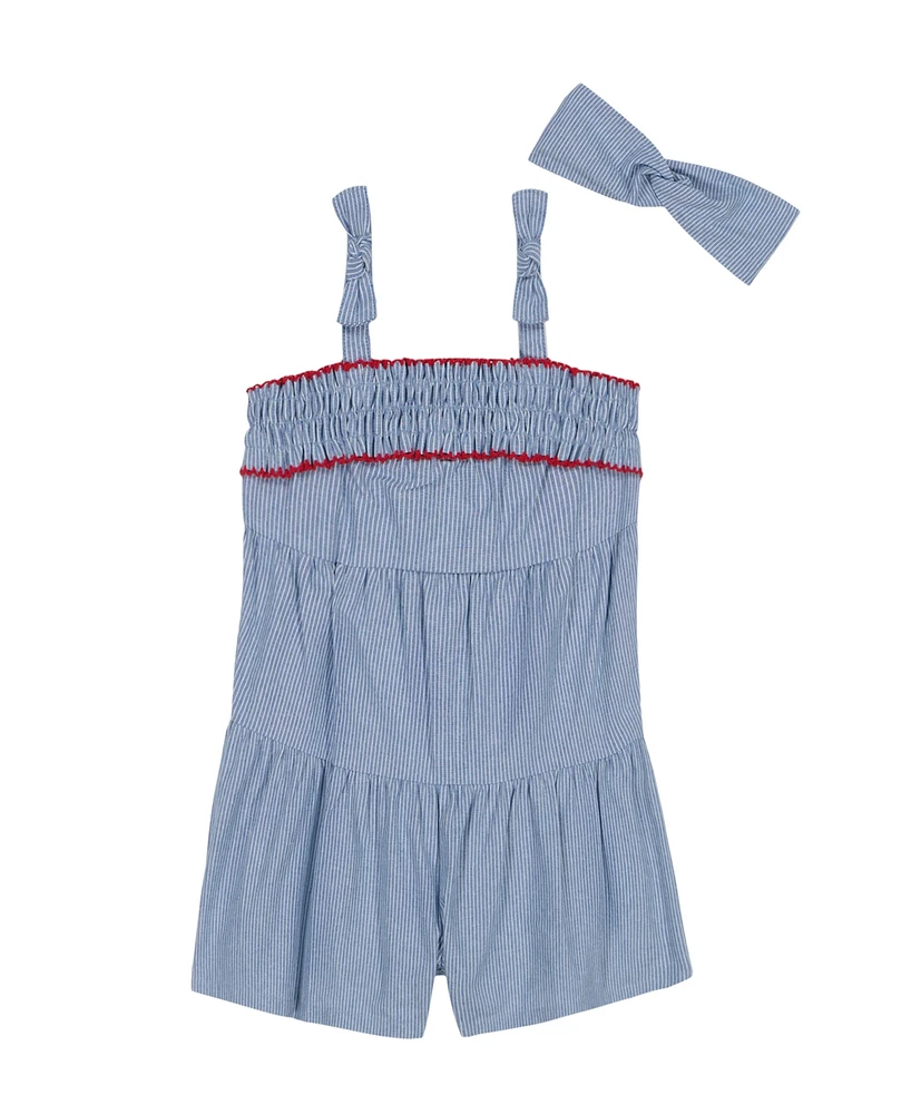 Tommy Hilfiger Baby Girls 2-Piece Striped Denim Romper Headband Set
