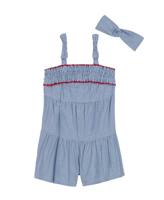 Tommy Hilfiger Baby Girls 2-Piece Striped Denim Romper Headband Set