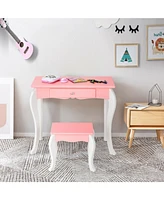 Kids Vanity Princess Makeup Dressing Table Stool Set with Mirror and Drawer