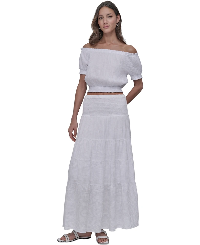 Dkny Jeans Women's Cotton Smocked-Waist Tiered Maxi Skirt