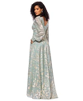 Betsy & Adam Petite V-Neck Long-Sleeve A-Line Gown