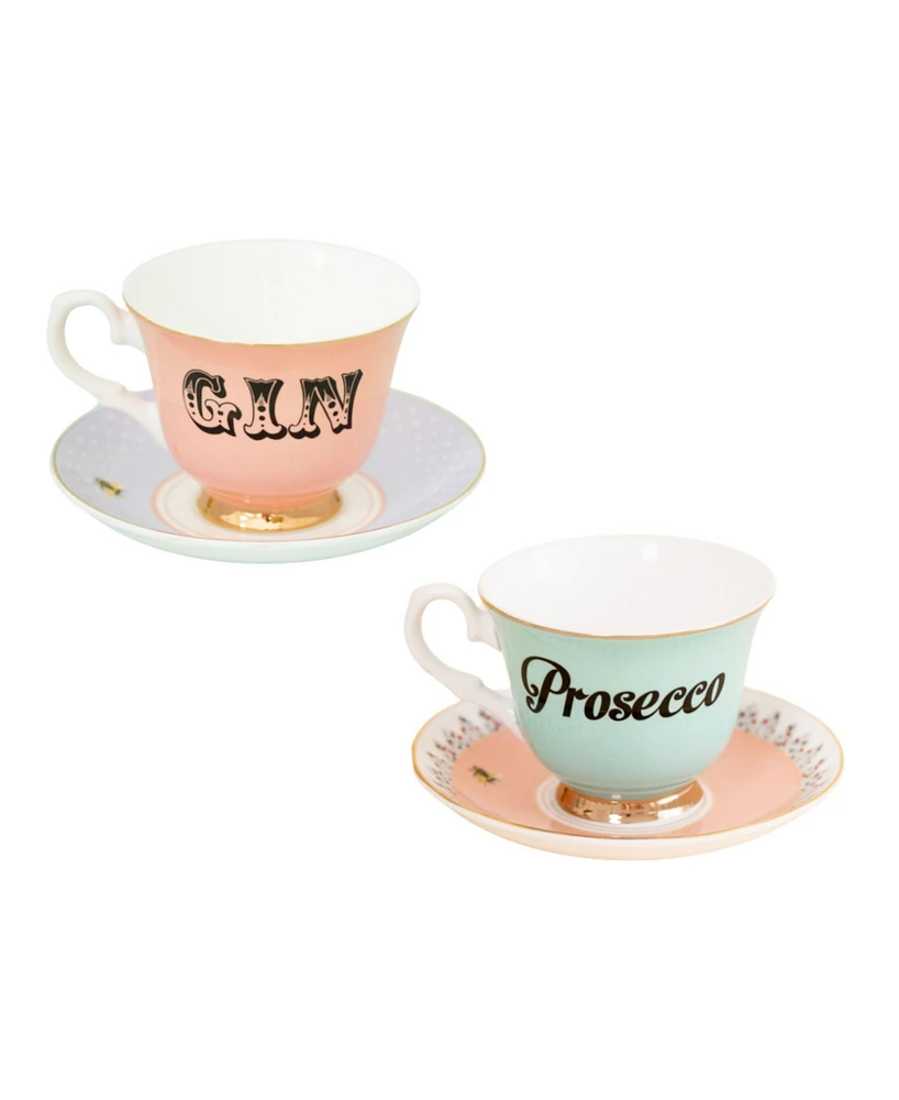 Yvonne Ellen Gin and Prosecco Teacup Saucer 4-Pc. Set, Service for 2