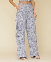 Avec Les Filles Women's Floral Print Wide-Leg Cargo Pants