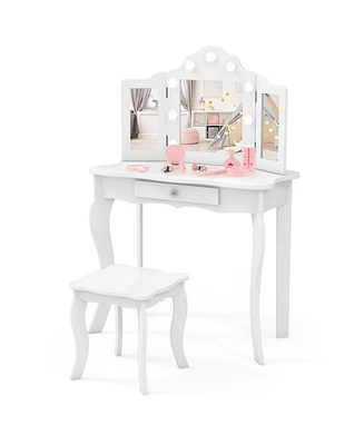 Kid Vanity Table Stool Set with Tri-Folding Mirror and 3-Color Led Lights