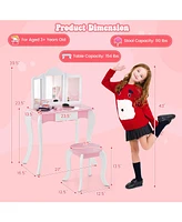 Kid's Wooden Vanity Table and Stool Set with 3-Panel Acrylic Mirror