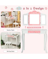 Kids Princess Vanity Table and Stool Set with Tri-folding Mirror and Drawer