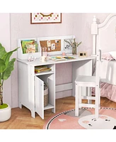 Wooden Kids Study Desk and Chair Set with Storage Cabinet and Bulletin Board