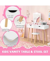 Kid Vanity Table Chair Set with Mirror and 2 Large Storage Drawers