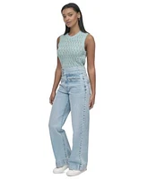 Dkny Jeans Womens Cotton Pointelle Knit Sleeveless Sweater High Rise Tab Waist Wide Leg Jeans