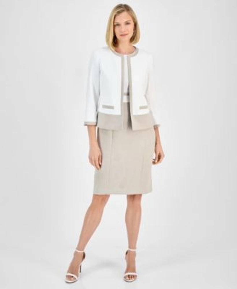 Kasper Womens Colorblocked Open Front Jacket Sheath Dress