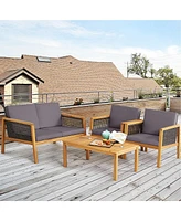 Gymax Piece Patio Pe Rattan Conversation Set Acacia Wood Furniture Set w/ Cushions