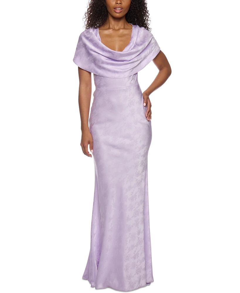 Alex & Sophia Juniors' Cowlneck Satin Jacquard Gown