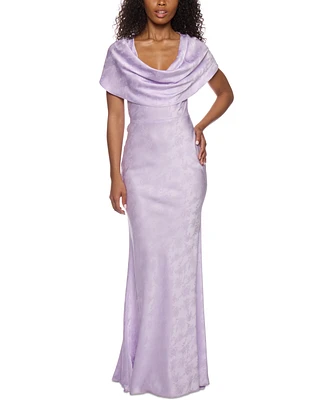 Alex & Sophia Juniors' Cowlneck Satin Jacquard Gown
