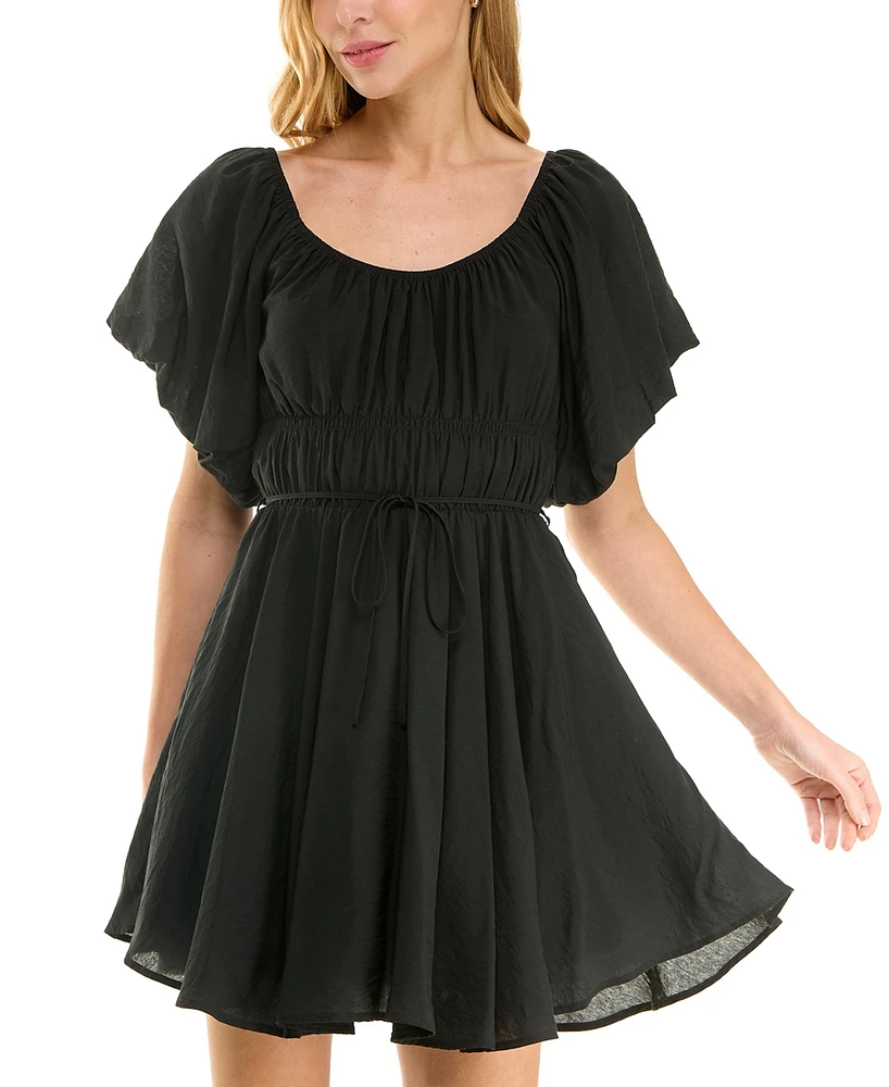Crystal Doll Juniors' Puff-Sleeve Tie-Waist Fit & Flare Dress