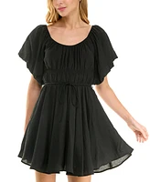 Crystal Doll Juniors' Puff-Sleeve Tie-Waist Fit & Flare Dress