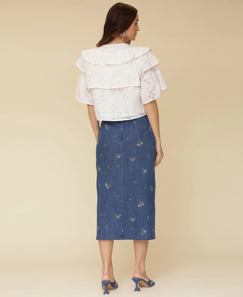Avec Les Filles Women's Embroidered Denim Midi Skirt