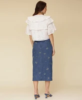 Avec Les Filles Women's Embroidered Denim Midi Skirt