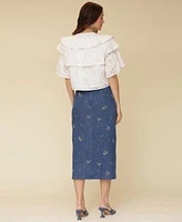 Avec Les Filles Womens Tiered Ruffle Cropped Top Embroidered Denim Midi Skirt