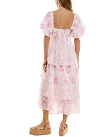 Crystal Doll Juniors' Floral-Print Bubble-Sleeve Smocked-Back Tiered Dress