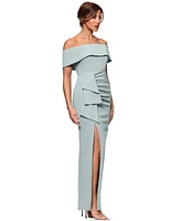Xscape Petite Off-The-Shoulder-Sleeve Draped Gown