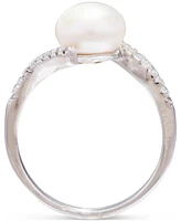 Cultured Freshwater Pearl (8mm) & Cubic Zirconia Bypass Swirl Ring Sterling Silver