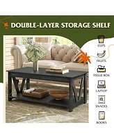 Wlive Farmhouse Coffee Table,Living Room Table with Storage,43 in Wood Center Table with V-Shaped Frame for Home Office,Apartment,Charcoal Black