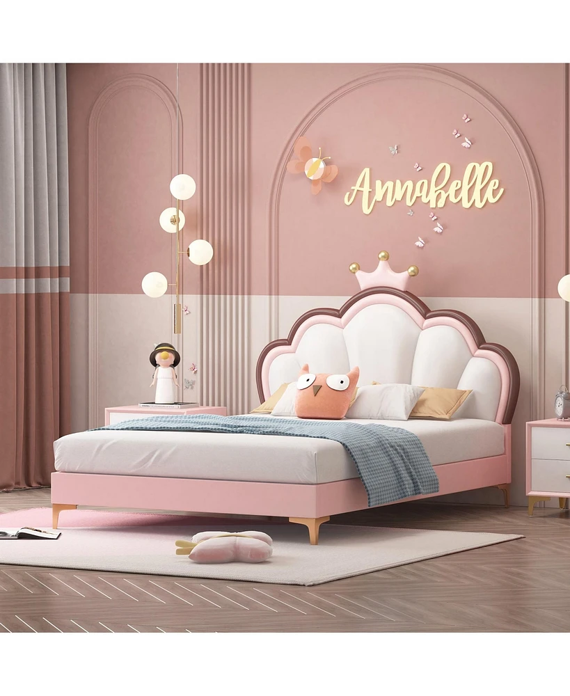Queen Size Platform Bed Frame with Crown Shaped Headboard, Large Full Children's Bed Frame, Single Double Bed with Pu Leather Headboard