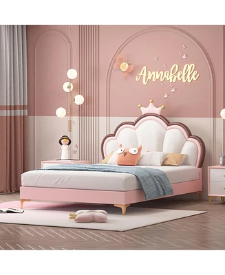 Queen Size Platform Bed Frame with Crown Shaped Headboard, Large Full Children's Bed Frame, Single Double Bed with Pu Leather Headboard