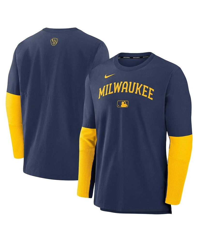 Nike Men's Navy/Gold Milwaukee Brewers Authentic Collection Lightweight Player Tri-Blend Performance Pullover Sweatshirt