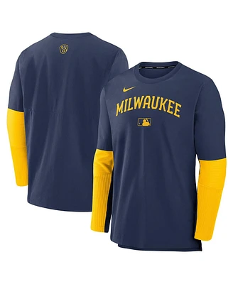 Nike Men's Navy/Gold Milwaukee Brewers Authentic Collection Lightweight Player Tri-Blend Performance Pullover Sweatshirt