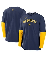 Nike Men's Navy/Gold Milwaukee Brewers Authentic Collection Lightweight Player Tri-Blend Performance Pullover Sweatshirt